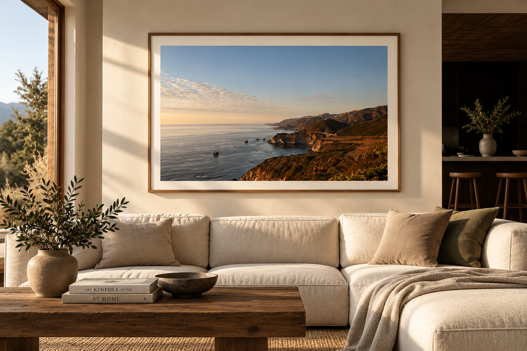 Coastline fine art print displayed in a warm neutral living room