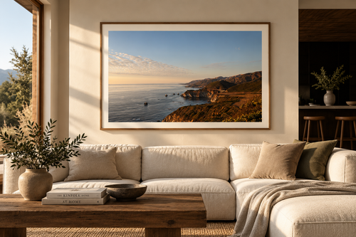 Coastline fine art print displayed in a warm neutral living room
