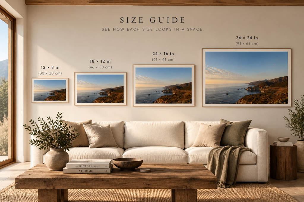 Coastline fine art print size guide showing four available print sizes