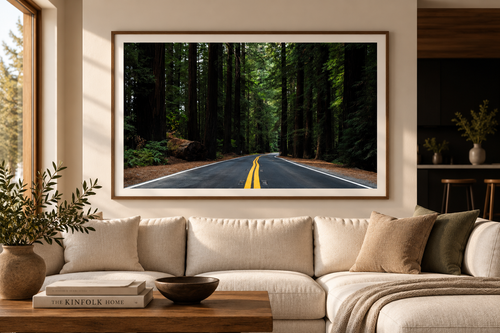 Forest Road fine art print displayed in a warm neutral living room