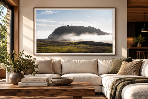 Island Haze fine art print displayed in a warm neutral living room
