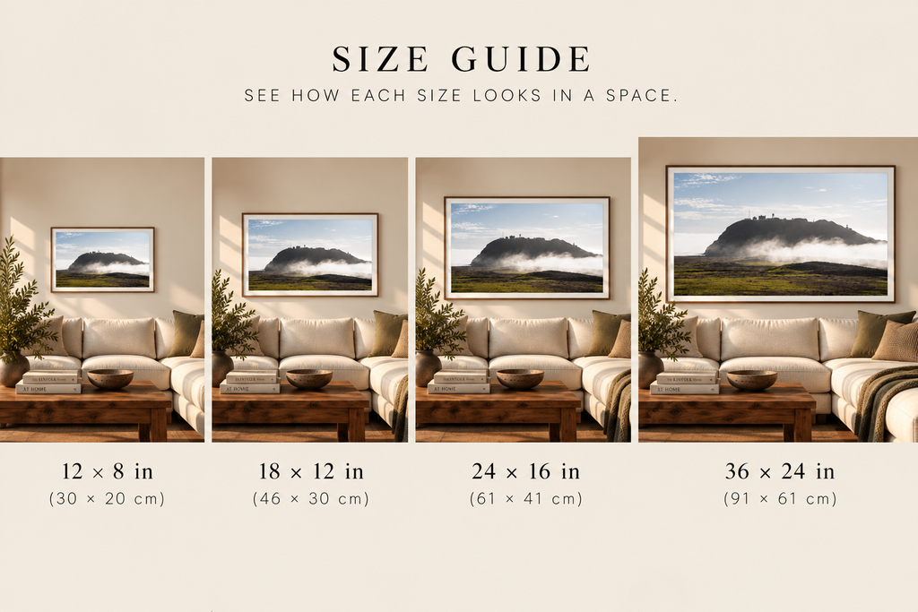 Island Haze fine art print size guide showing four available print sizes