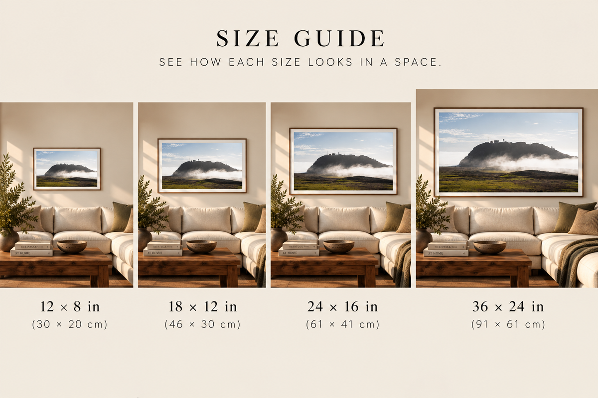 Island Haze fine art print size guide showing four available print sizes